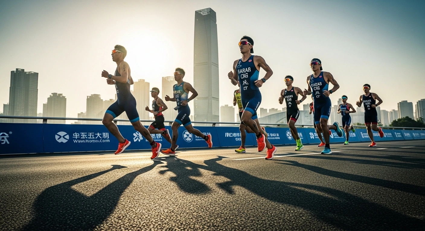 Elite international athletes compete in the running portion of the 2026 World Triathlon Cup in the Jintang district of Chengdu, China.