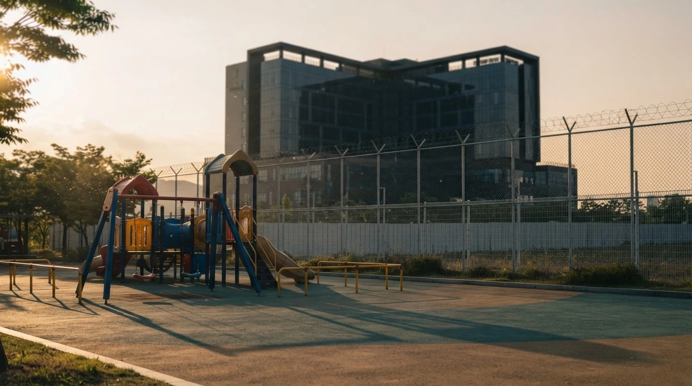A quiet school playground sits in the foreground with a large commercial building in the background, representing the South Korean court ruling that blocked a casino project near schools in Cheongju.