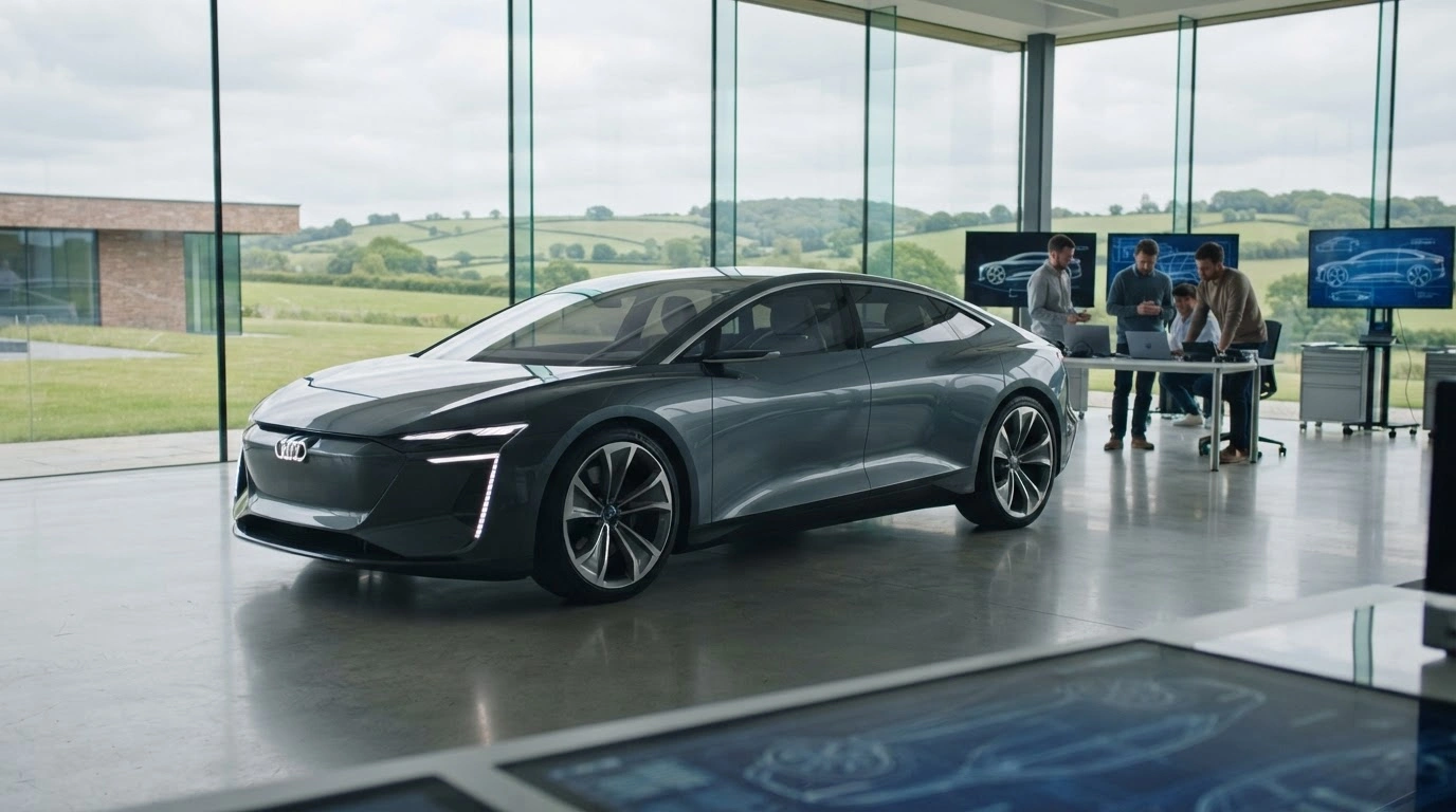 A modern concept car is displayed inside a new Chery research and development facility located in Bedfordshire, UK.