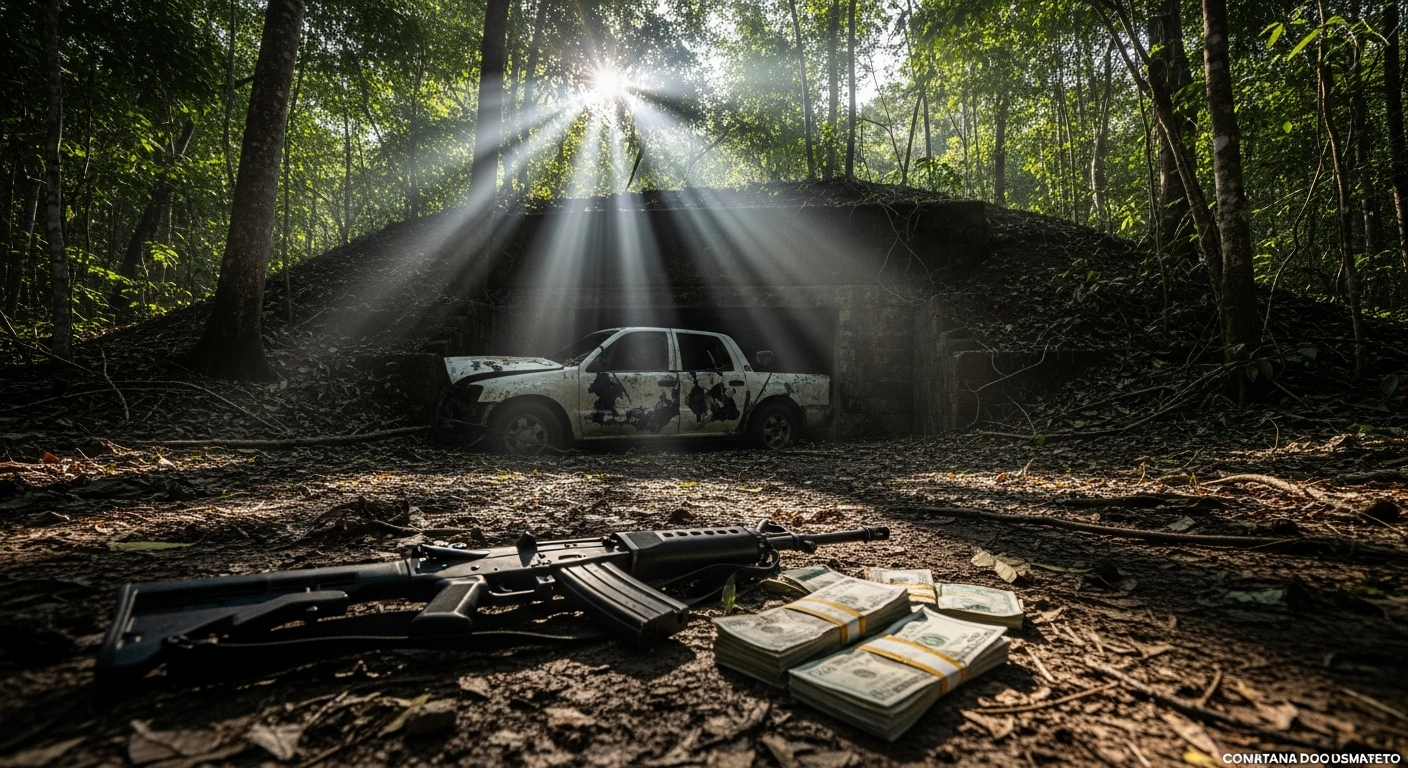 A low-angle wide shot depicts the aftermath of authorities dismantling a fortified criminal bunker in the Mezcalapa–Ocuilapa region of Chiapas, Mexico, showing a confiscated assault rifle, bundles of illicit cash, and a stolen vehicle on muddy ground near the bunker's breached entrance.