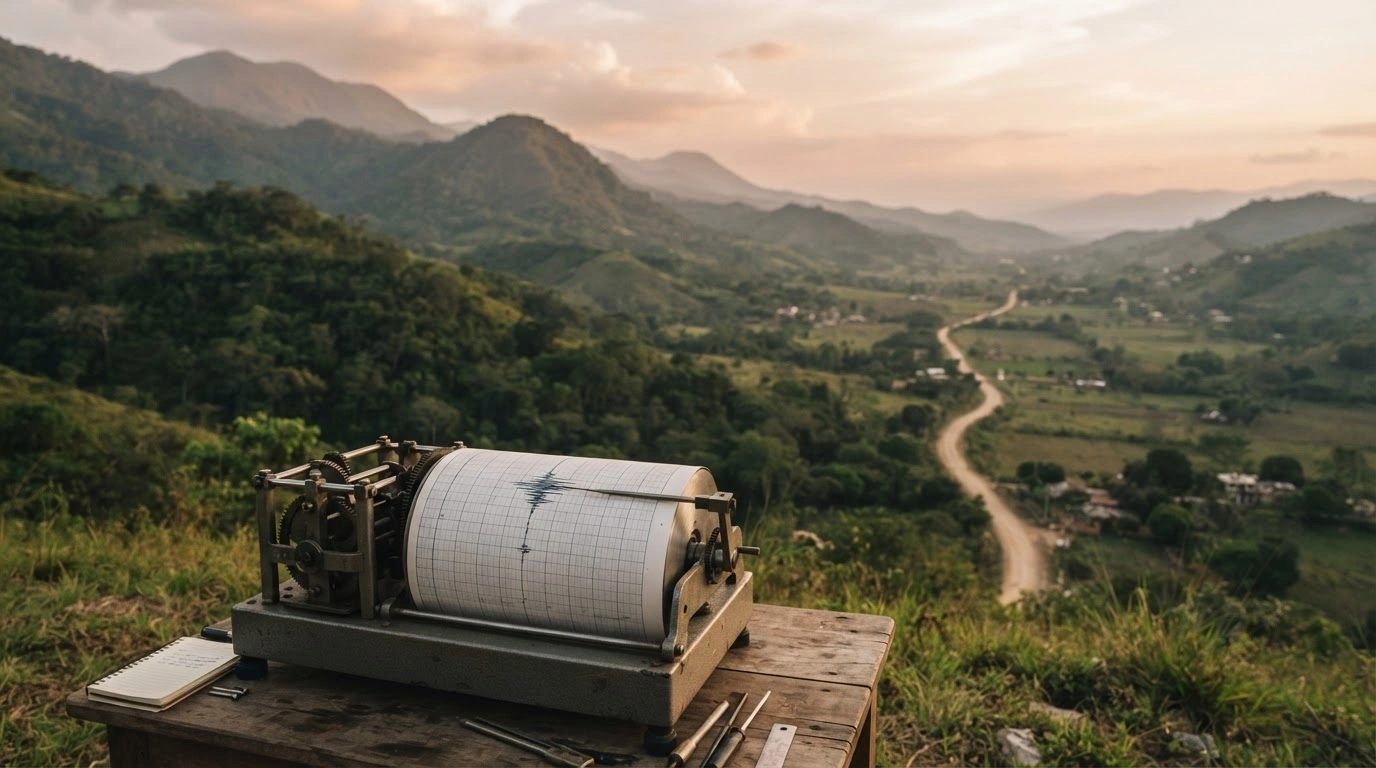 A seismograph needle records data in a rural landscape near Mapastepec, Chiapas, following a 4.0 magnitude earthquake.