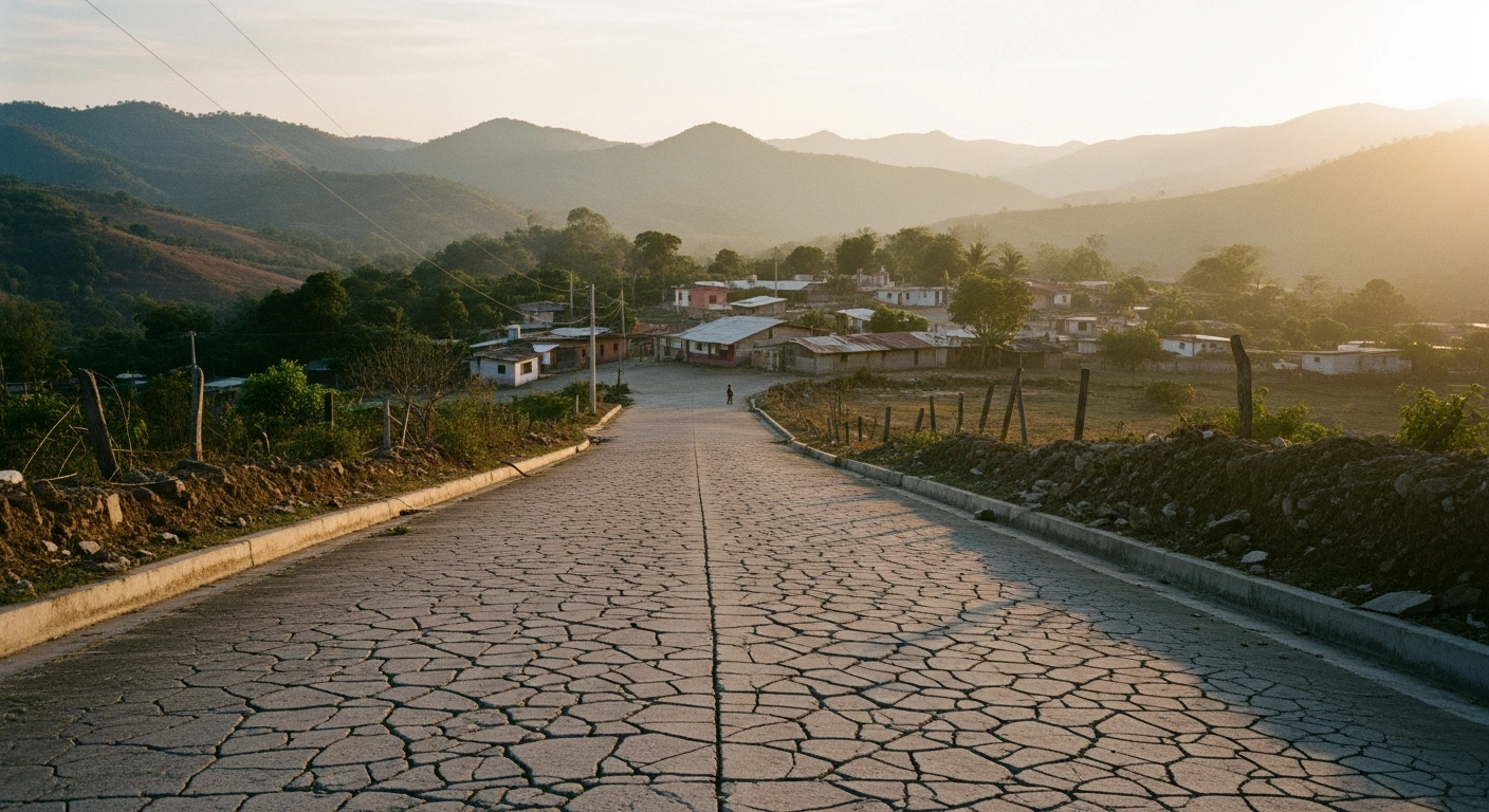 A rural landscape in Chiapas, Mexico, shows a dusty road and village buildings following a 4.0 magnitude earthquake.