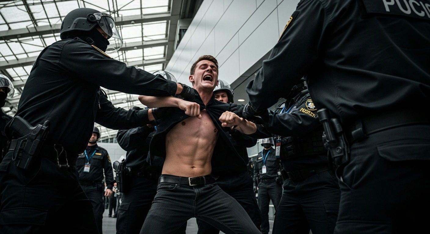 Uday Bhanu Chib, National President of the Indian Youth Congress, is depicted being arrested by security personnel during a shirtless protest at the AI Impact Summit in Bharat Mandapam, New Delhi.