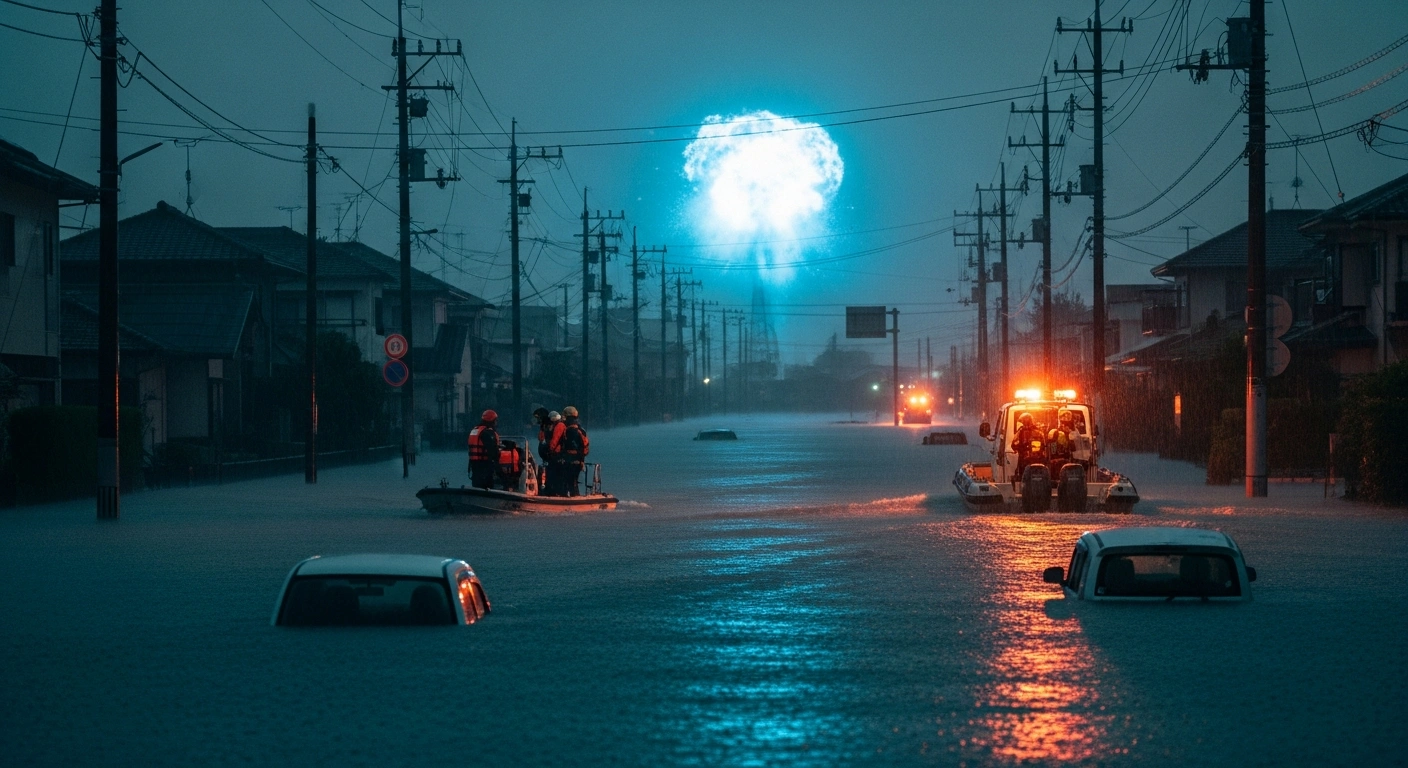 Emergency rescue teams navigate a flooded street in Chiba, Japan, following torrential rainfall and widespread power outages.