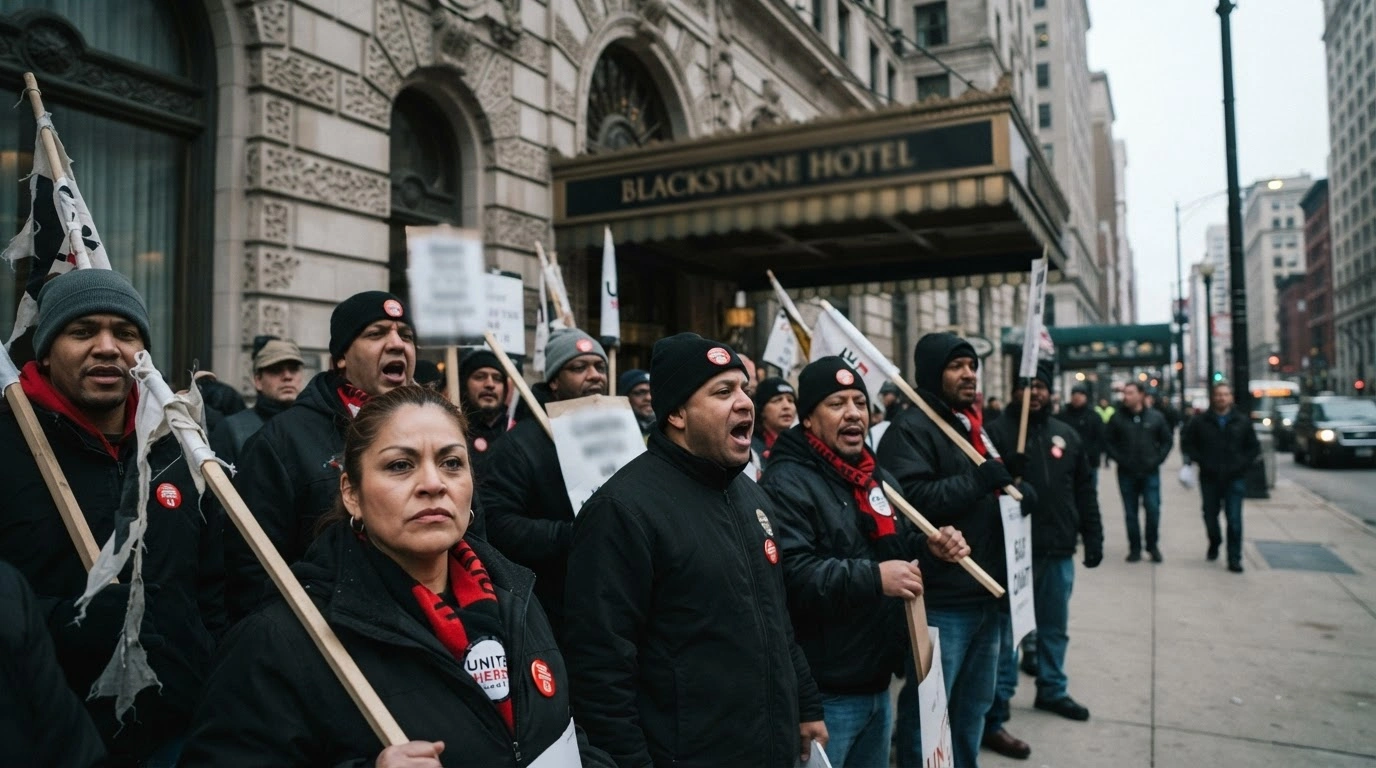 Hospitality workers stand in a picket line outside a major Chicago hotel during a labor strike for better wages and safer working conditions.