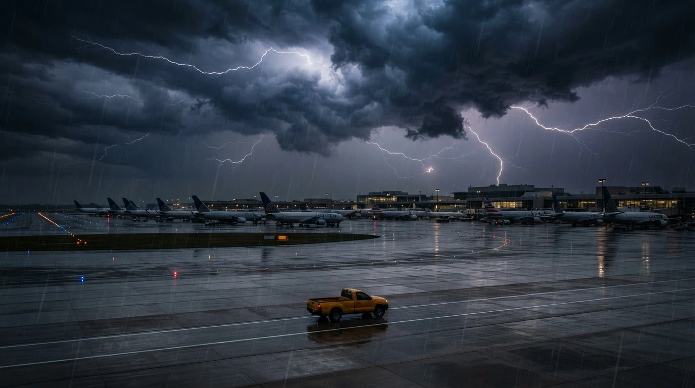 Commercial airplanes are grounded on the tarmac at O'Hare International Airport during a severe thunderstorm that caused widespread flight cancellations.