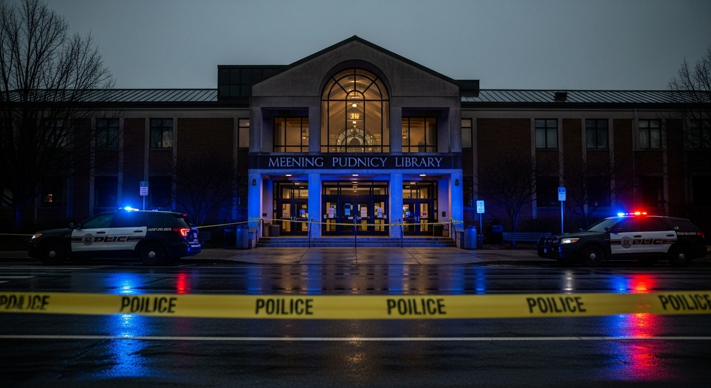 Police vehicles with flashing lights surround a public library in Chico, California, following a fatal shooting incident.