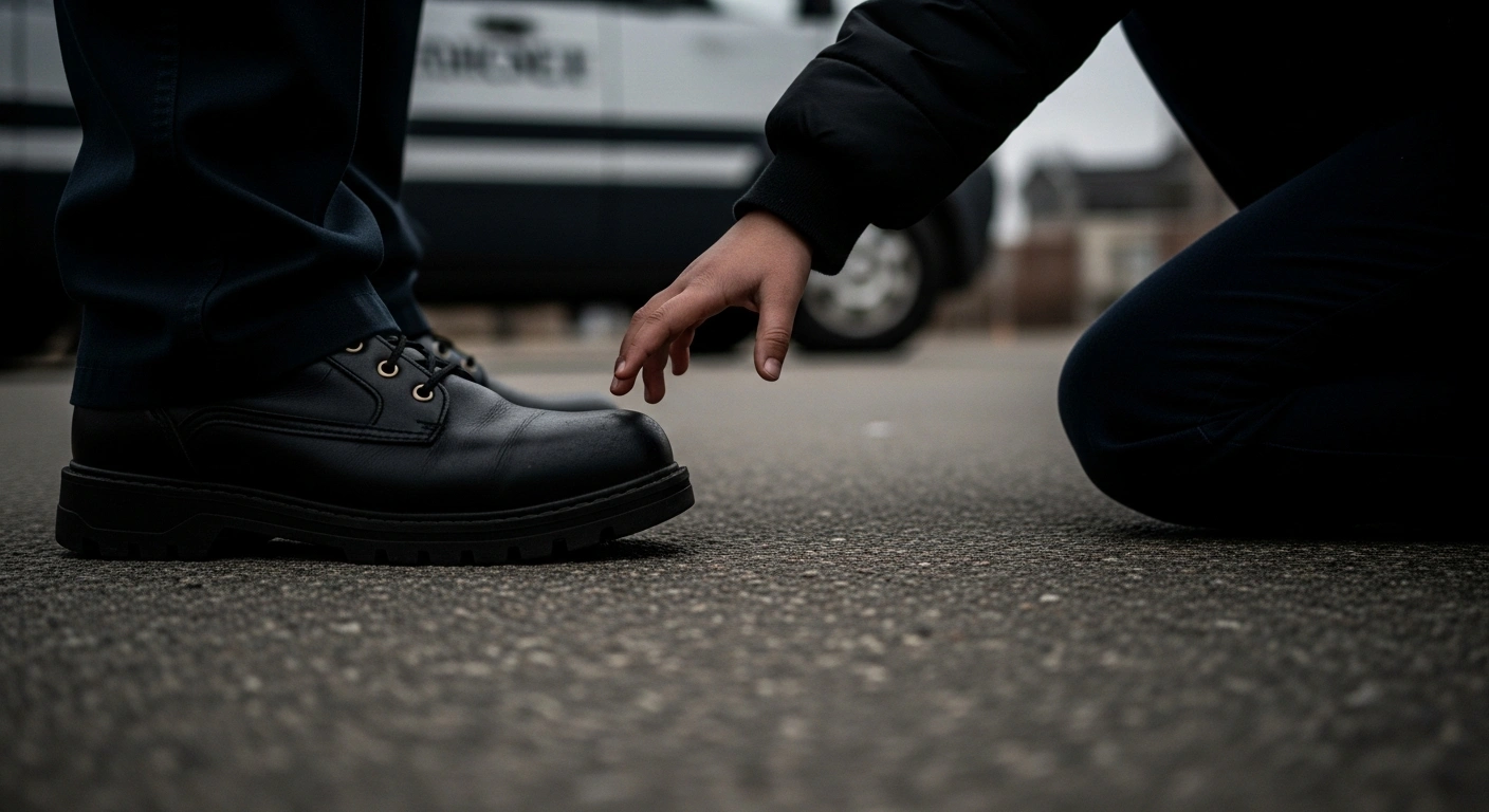 A low-angle, close-up shot shows the small hand of a 5-year-old boy reaching towards an adult's leg, depicting the detention of a child and his father by federal immigration officers in Columbia Heights, Minnesota, amidst an active asylum case.