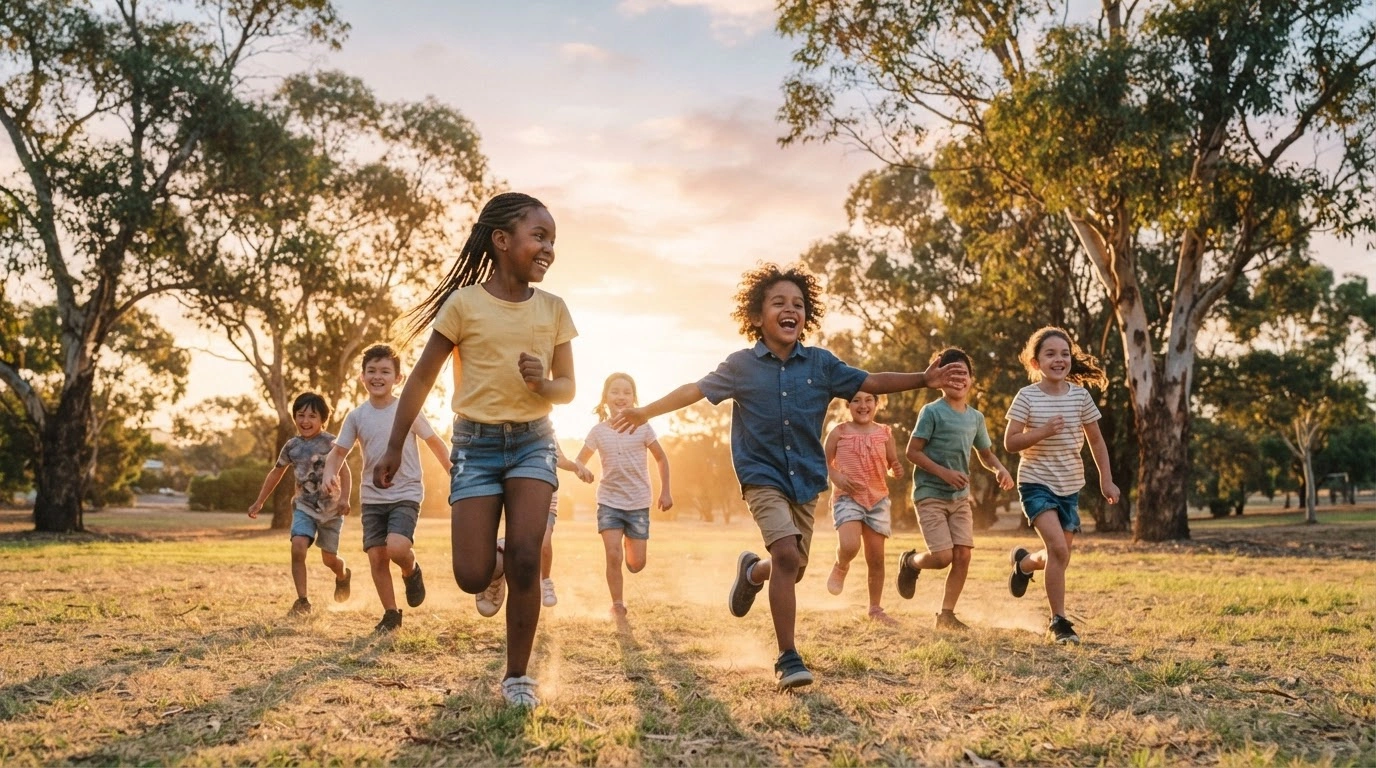 A diverse group of children plays happily in a sunlit park in Western Australia to celebrate Children's Week 2026.