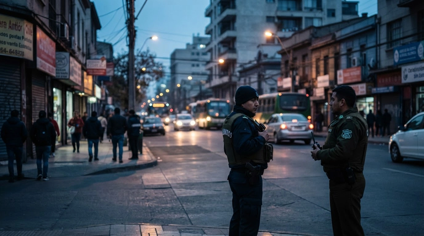 Two police officers stand watch on a city street in Chile as part of the government's Calles Sin Violencia security program to improve public safety.