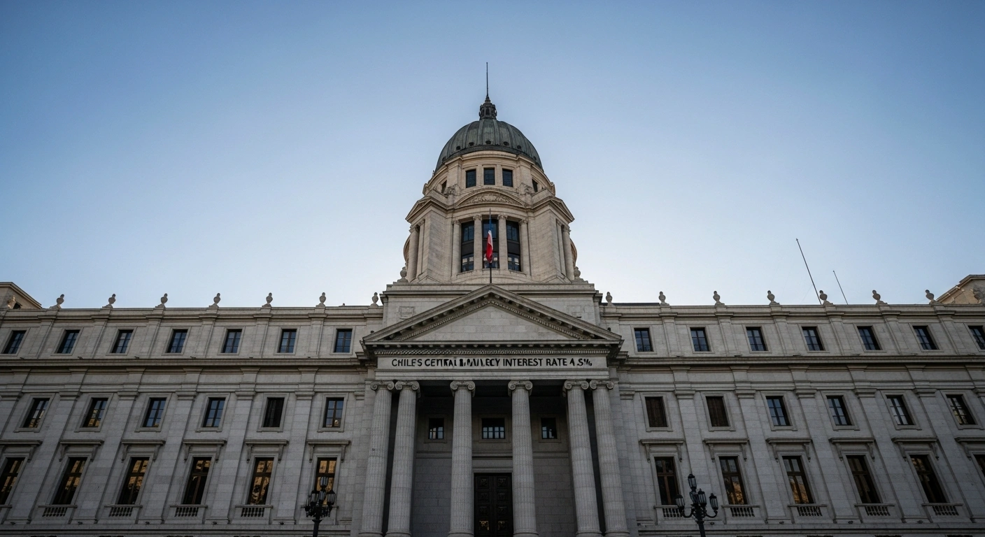 A majestic neoclassical building, symbolizing Chile's Central Bank, stands under a clear sky, representing its decision to keep the benchmark interest rate at 4.5% amidst expectations of lower inflation and a stabilizing global economic outlook, despite domestic challenges.