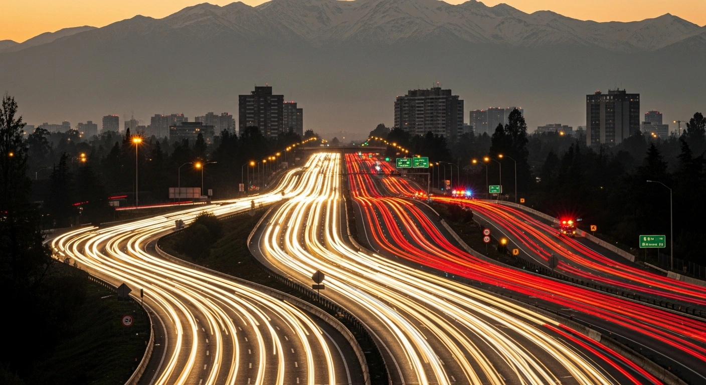 A high-angle view shows thousands of vehicles leaving Santiago on a highway during the Easter weekend as Chilean authorities manage traffic flow.