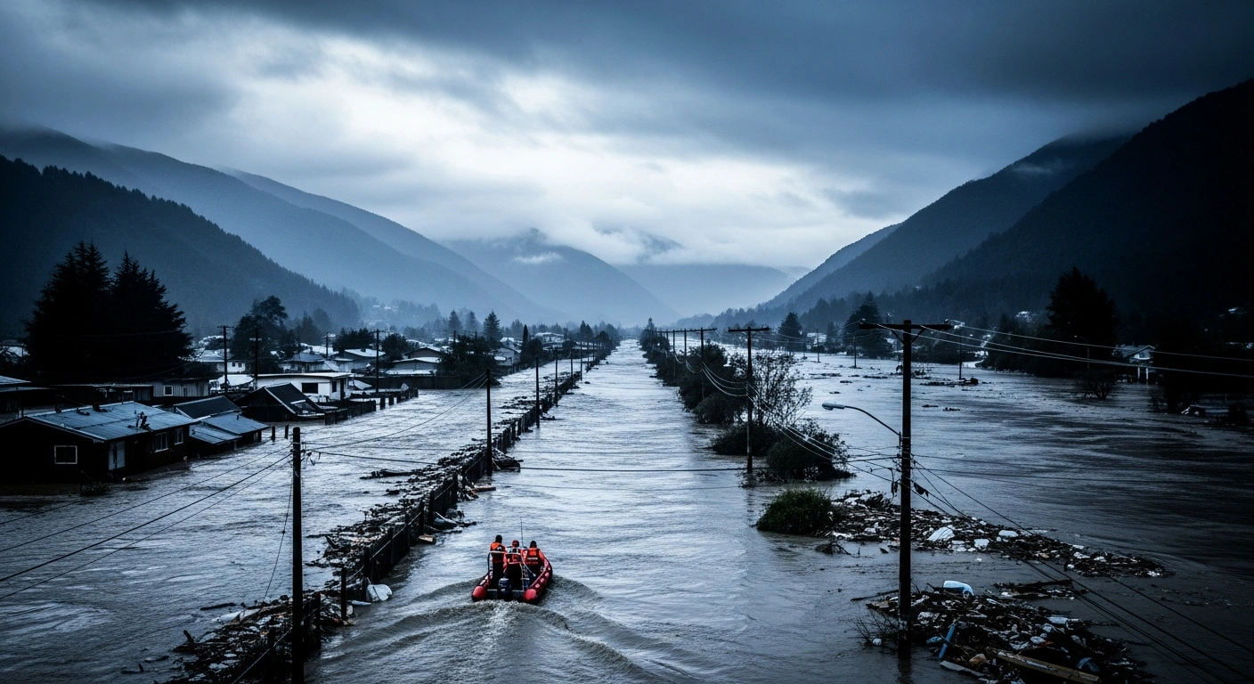 A rescue boat navigates through flooded streets in a Chilean town following severe rainfall and widespread destruction.