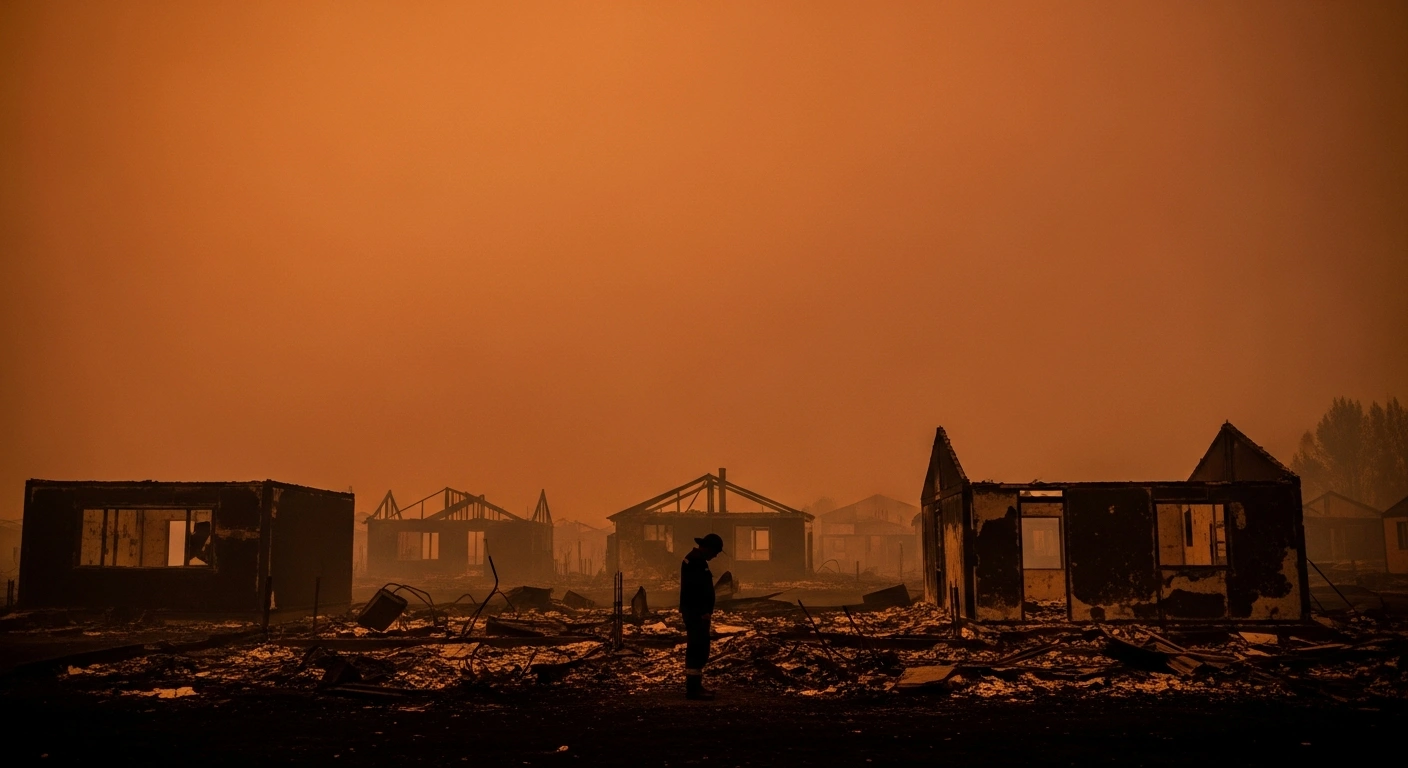 A wide, low-angle shot depicts the scorched aftermath of severe forest fires in Chile's Ñuble and Biobío regions in February 2023, showing the skeletal remains of destroyed homes under a smoky, orange sky, with a lone figure amidst the rubble, symbolizing the catastrophe that destroyed over 2,400 homes and forced 30,000 evacuations.