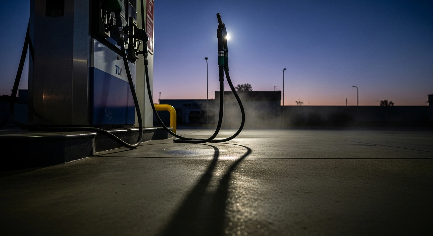 A weathered gasoline pump stands at a Chilean gas station under a twilight sky, visually representing the impending increase in gasoline prices announced by ENAP, influenced by the Fuel Price Stabilization Mechanism (MEPCO) and international market dynamics following the summer season.