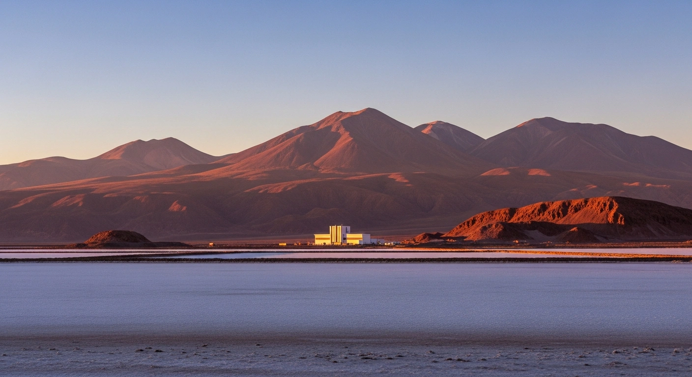 A wide shot of the Salar de Atacama salt flats at dawn, featuring a modern lithium extraction facility against a backdrop of mountains, symbolizing Chile's National Lithium Strategy and the SQM-Codelco joint venture for sustainable lithium production.