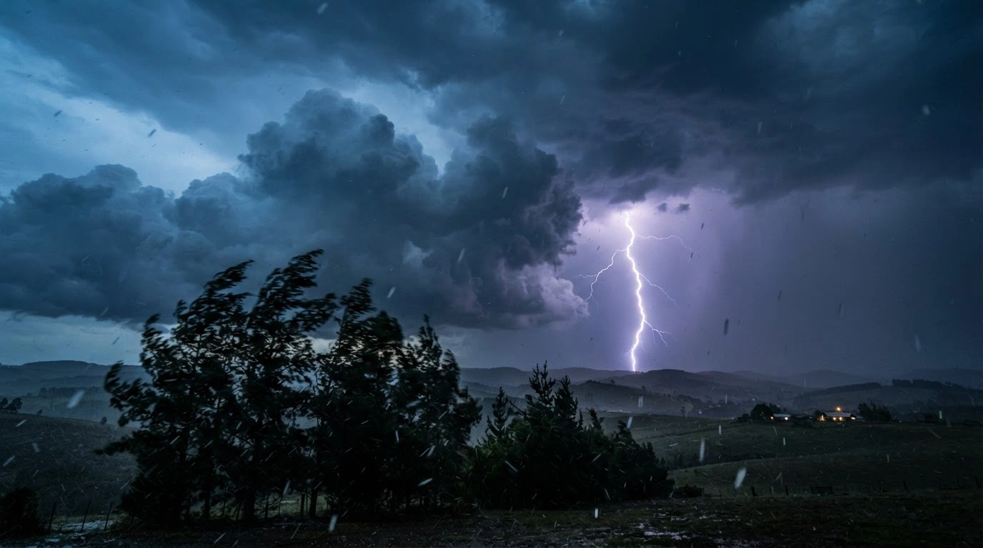 A powerful lightning bolt strikes across a dark, stormy sky over the Maule region in Chile as hail begins to fall during a severe weather event.