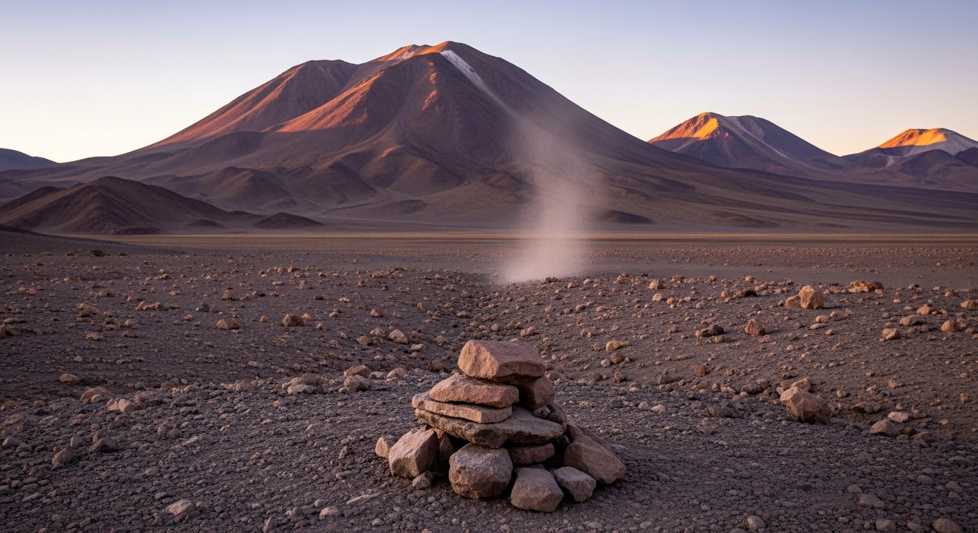 A wide, low-angle shot of the Atacama Desert at dawn, showing rugged mountains under a purple and ochre sky, with a subtle dust cloud rising in the distance, representing the light to moderate earthquakes experienced in Chile, near regions like Atacama and Antofagasta, with no significant damage.