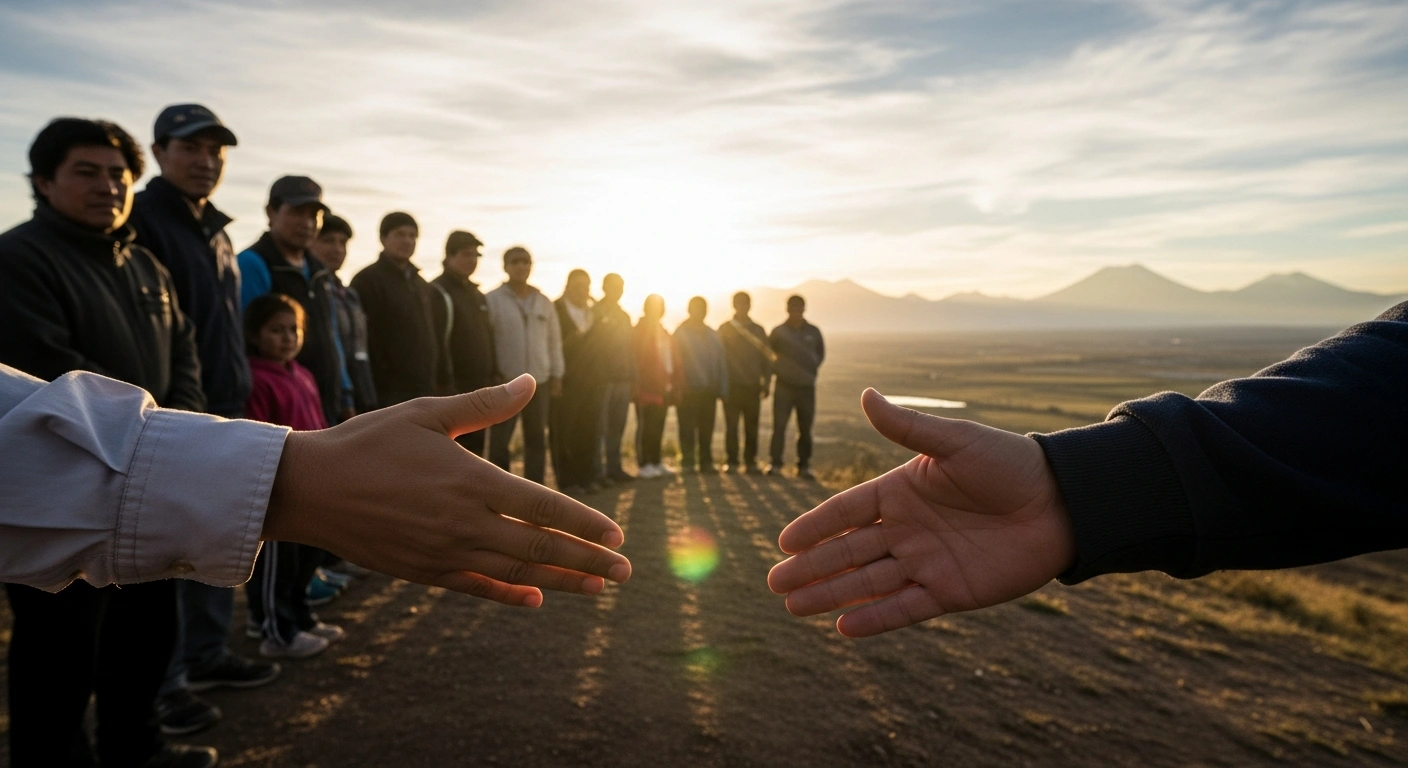 A symbolic scene showing a compassionate hand extending a gesture of welcome towards a group of diverse individuals, representing Nicaraguans, standing on a rise under a hopeful sunset, illustrating Chile's offer of citizenship to those stripped of their nationality.