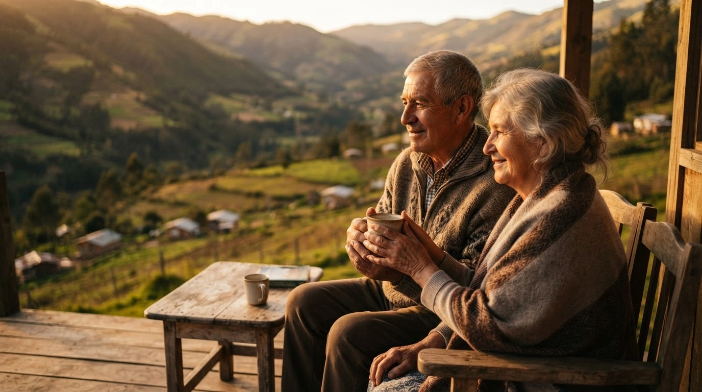 An elderly Chilean couple sits comfortably on a porch, representing the improved financial welfare provided by the increased Universal Guaranteed Pension for seniors in Chile.