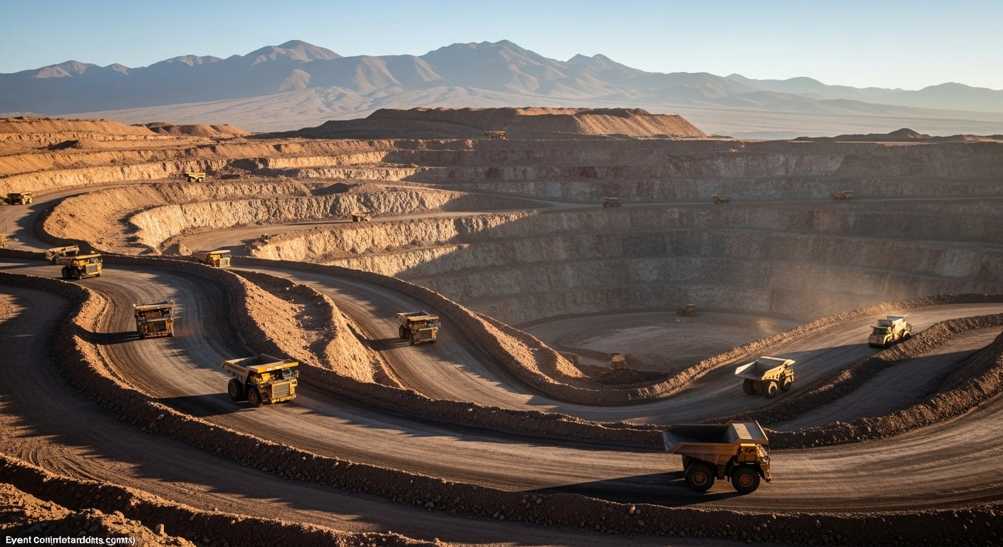 A sweeping drone shot captures a vast open-pit copper mine in Chile during late afternoon, with heavy mining trucks operating, symbolizing the nation's significant copper export revenues and the vital role of its mining sector in the economy, contributing to a substantial trade surplus.