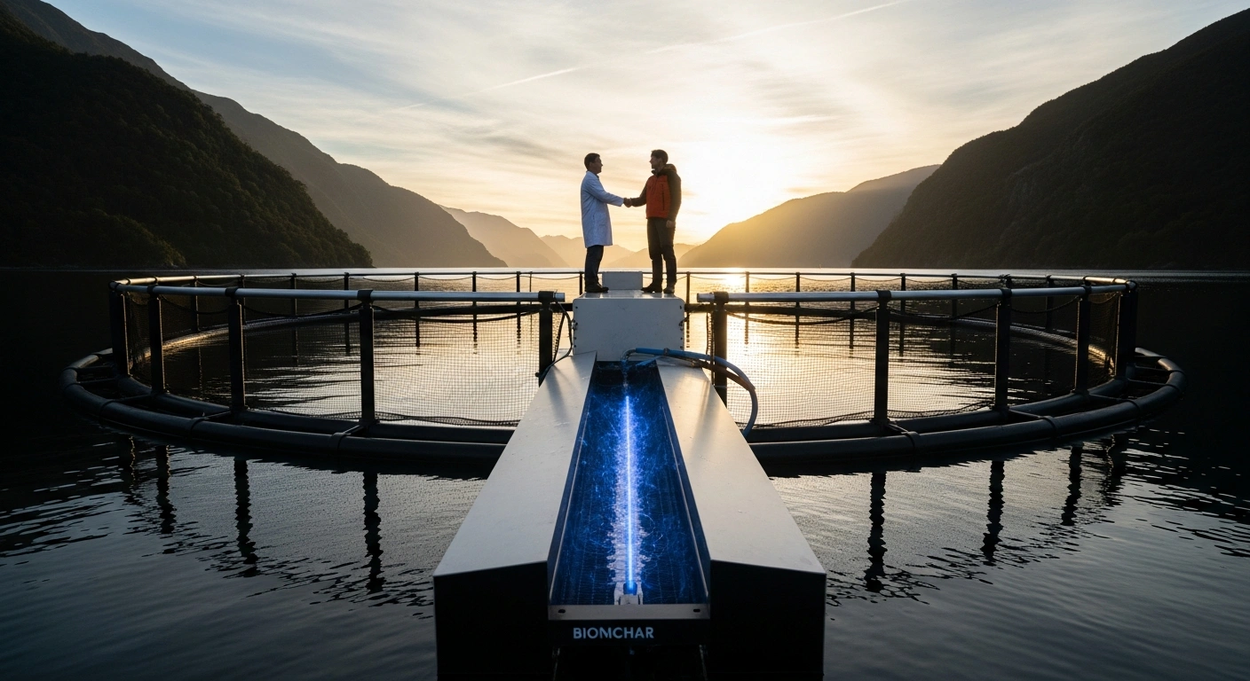 A serene, wide-angle shot of a Chilean salmon aquaculture farm at golden hour, featuring a subtly glowing biochar filtration system integrated into the water, with two figures shaking hands in the mid-ground, symbolizing the collaboration between Clean Earth Innovations and Universidad Austral de Chile for improved water quality.