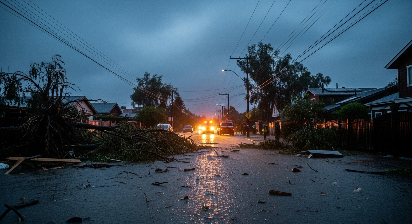 A flooded street in Chile shows significant infrastructure damage and debris following a severe storm system that caused fatalities and emergency evacuations.