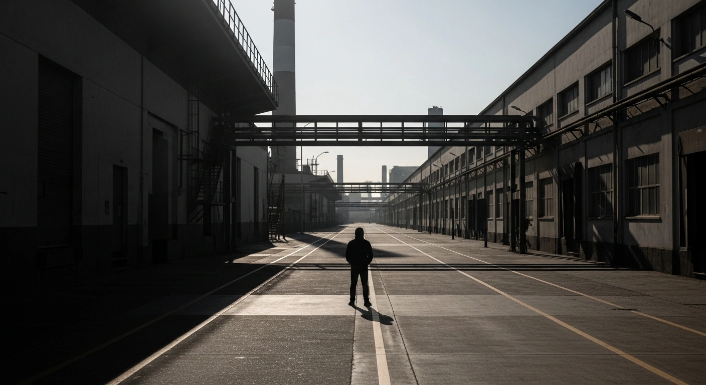 A wide, cinematic shot depicts a deserted industrial district in a Chilean port city under an overcast late afternoon sky, with long shadows stretching across silent loading docks and empty factory entrances, symbolizing the 8.3% unemployment rate and persistent labor market slack in Chile during the November 2025–January 2026 quarter.
