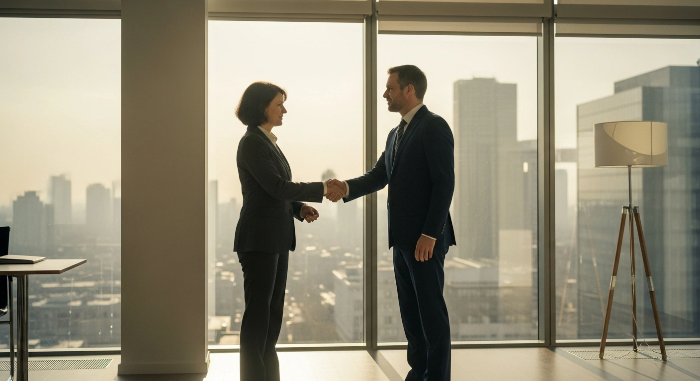 Two diplomats shake hands in a bright office to symbolize the resumption of consular relations between Chile and Venezuela.