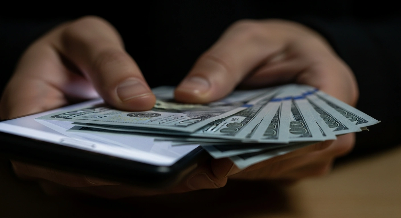A close-up shot shows hands illuminated by a smartphone screen, carefully fanning out a stack of sophisticated counterfeit banknotes, symbolizing the distribution of '5G banknotes' by Chilean criminal organizations via social media.