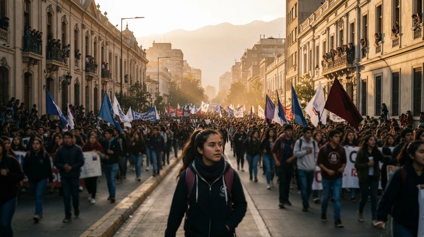 A large crowd of Chilean students marches through a city street during a national protest for education reform and increased funding.