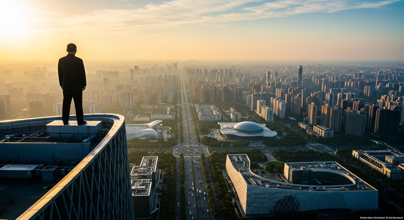 A silhouetted figure, representing the leadership of the Communist Party of China Central Committee, stands atop a modern building at dawn, overlooking a vast, developing urban landscape that symbolizes the goals of high-quality development, innovation, and equitable modernization outlined in the 15th Five-Year Plan.