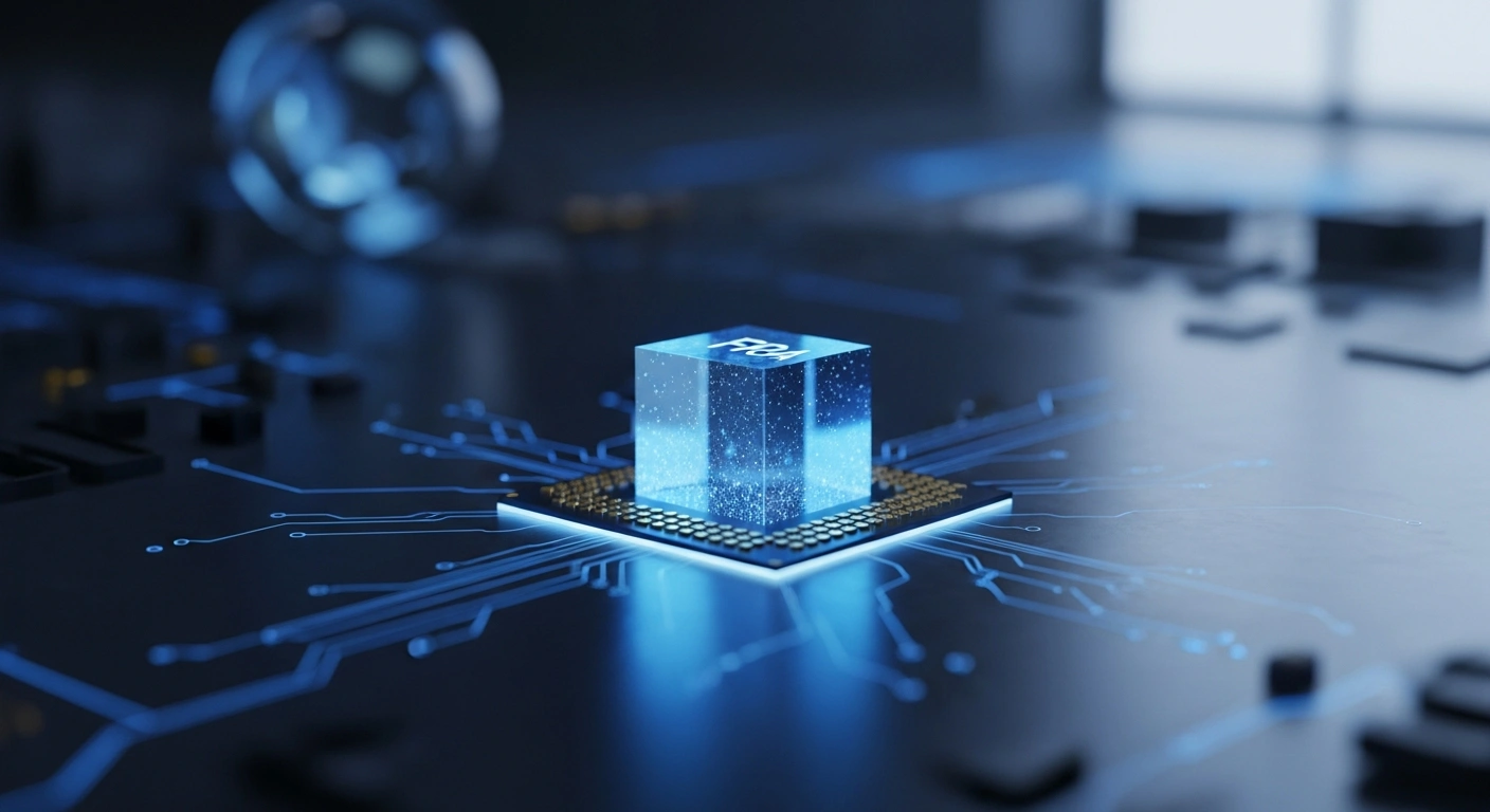 An extreme close-up shows an iridescent blue 2D industrial chip, an FPGA based on molybdenum disulfide, resting on a dark, high-tech surface, representing the world's first such chip developed by Chinese scientists from Fudan University for military use, capable of withstanding extreme gamma radiation for aerospace and defense applications.