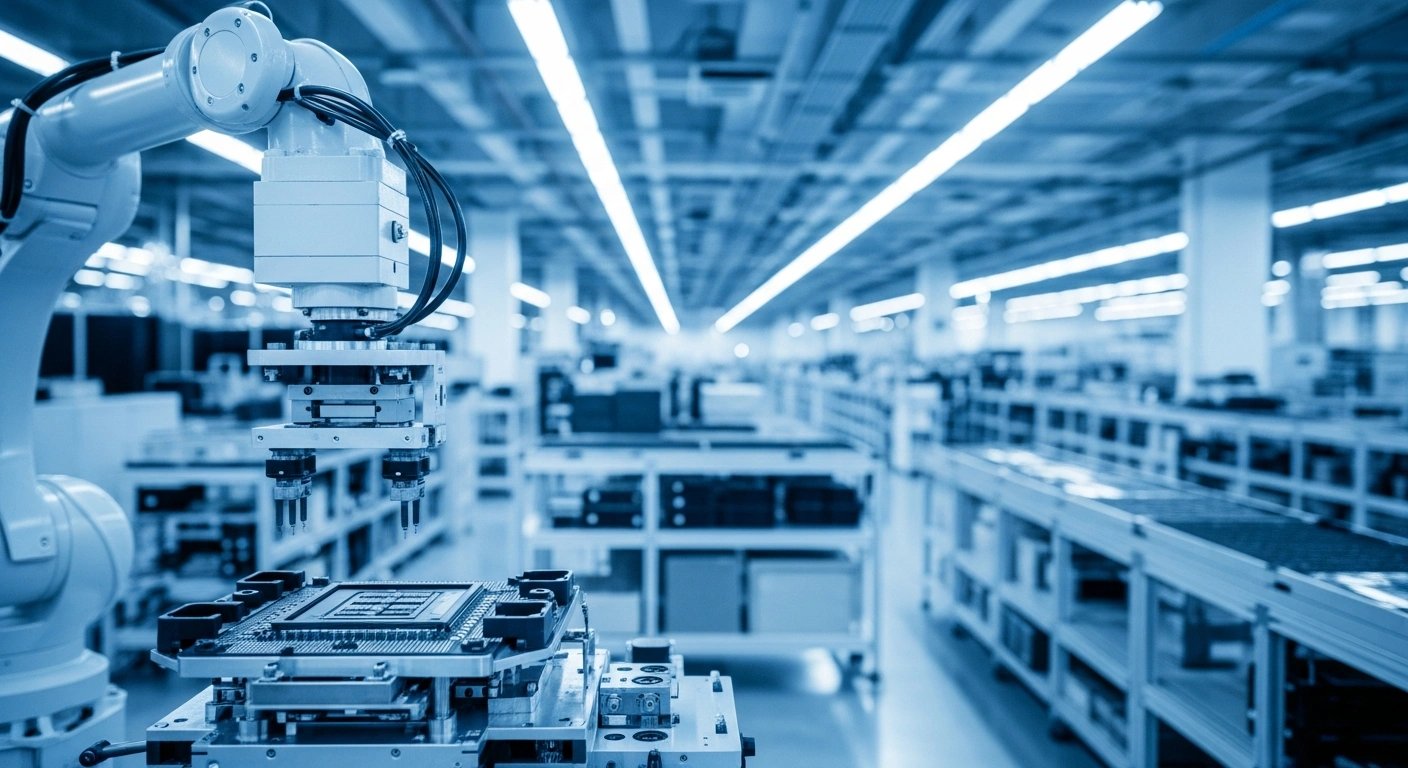 A high-tech robotic arm performs precision assembly in a modern Chinese manufacturing plant to represent the country's focus on advanced industrial growth.