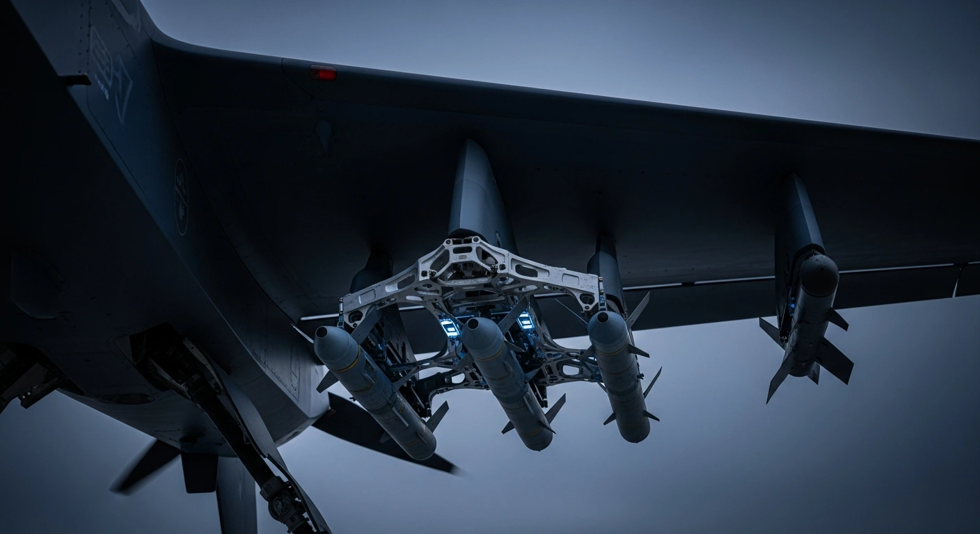 A low-angle view shows an advanced multi-point launch pylon attached to the underside of a heavy drone or fighter aircraft wing, loaded with multiple small munitions, demonstrating China's enhanced payload capacity for next-generation combat platforms.