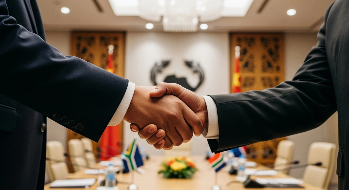 South Africa's Minister Parks Tau and China's Minister Wang Wentao shake hands firmly in a modern conference room, symbolizing the signing of a bilateral economic partnership agreement.