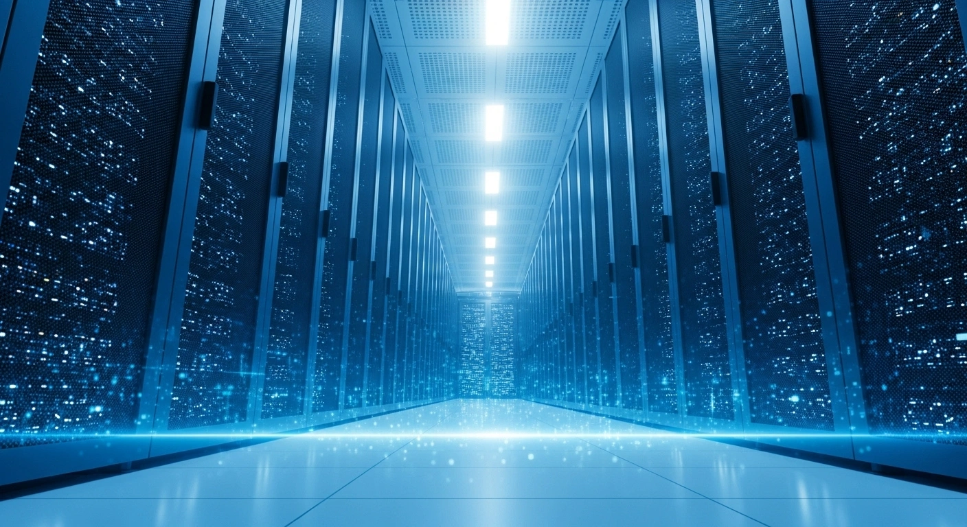 A futuristic server farm bathed in cool blue light, with a shimmering digital barrier in the foreground, symbolizing the enhanced data security measures for AI technologies in China's government affairs.
