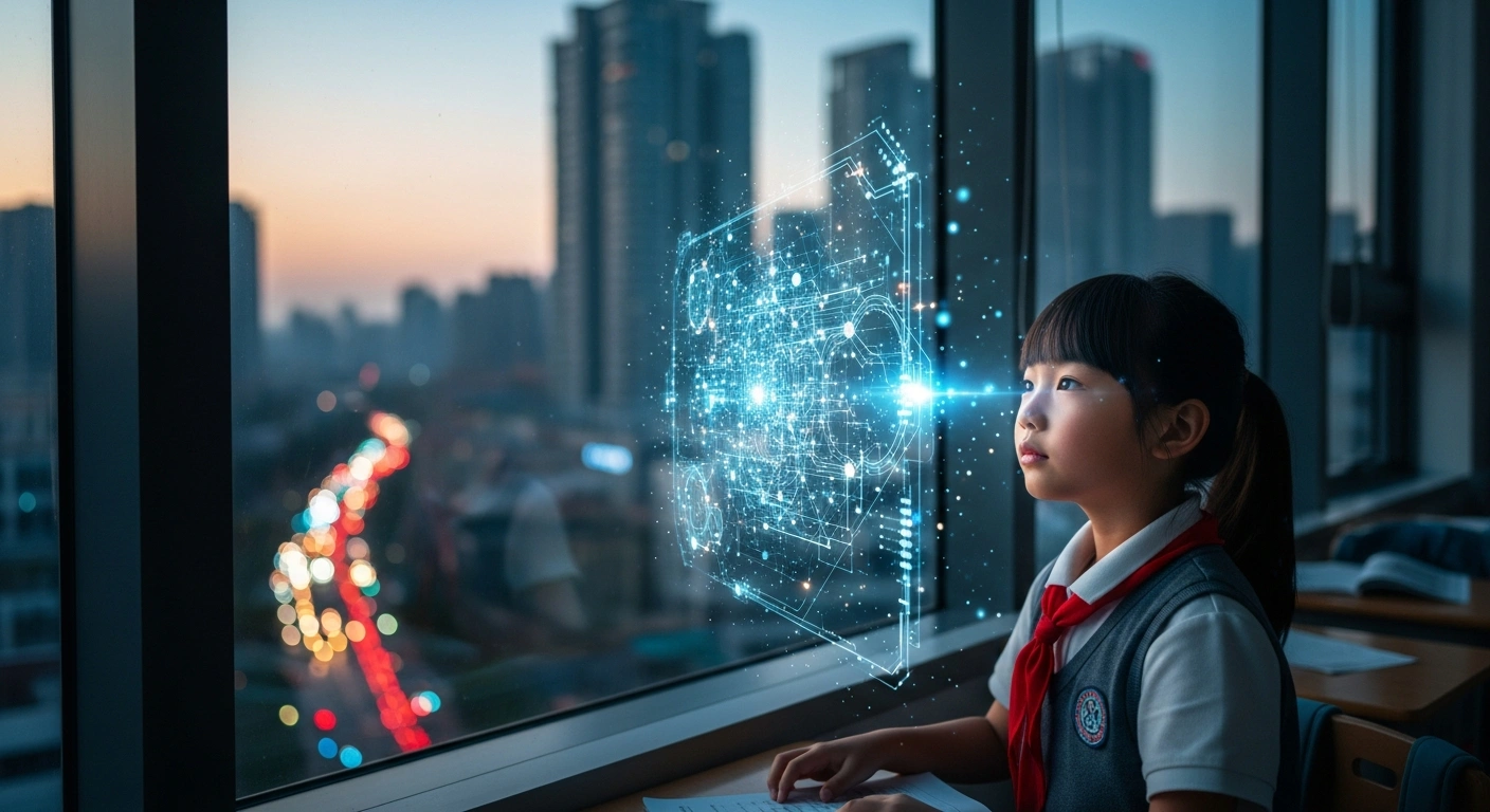 A young Chinese elementary school student in a modern classroom looks at a holographic projection of data streams and neural networks, symbolizing China's Ministry of Education mandating Artificial Intelligence courses for students by September 2025 to cultivate AI literacy.