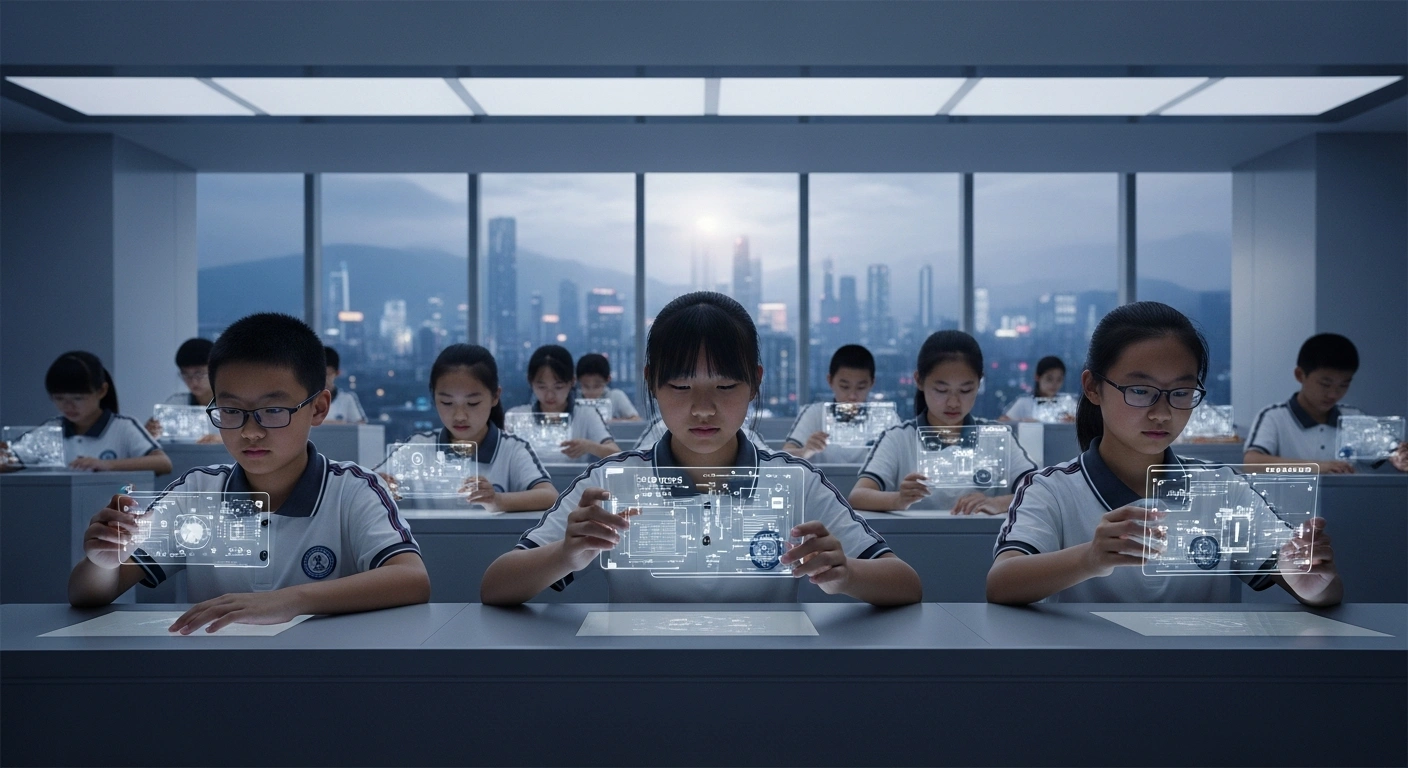 Young Chinese primary and secondary school students are depicted in a modern classroom, actively engaged with interactive holographic displays as part of their mandatory artificial intelligence education, with a futuristic cityscape visible in the background.