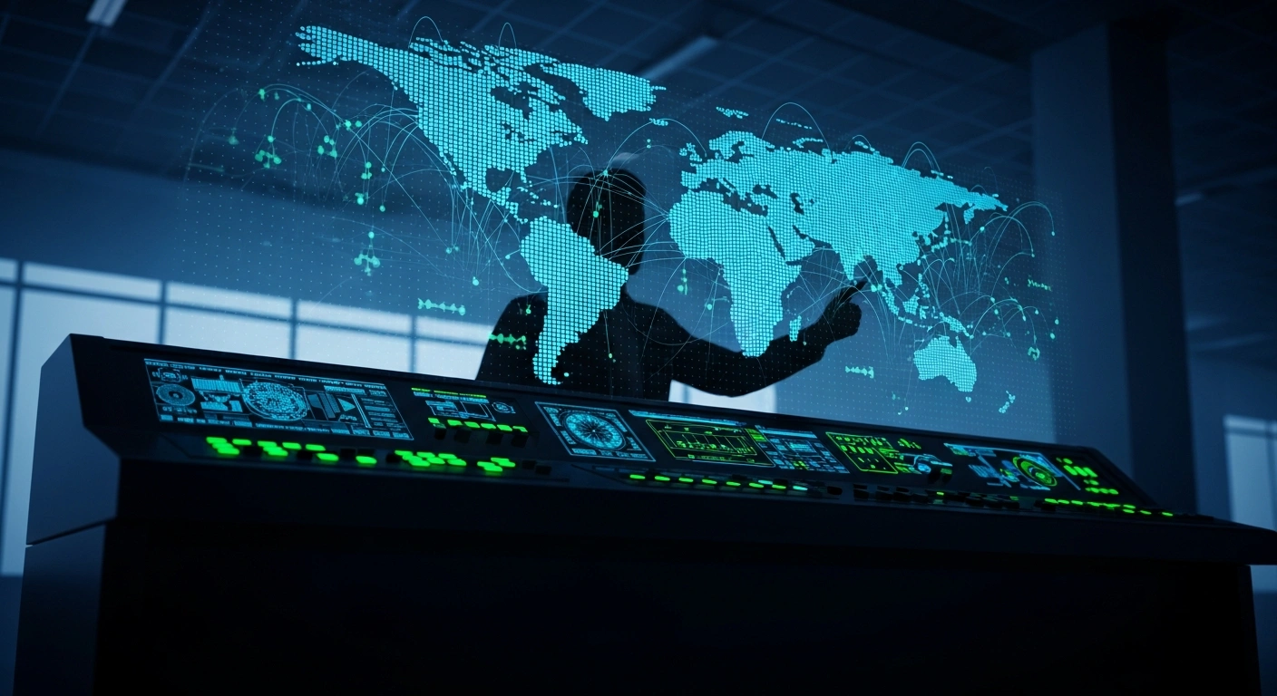 A shadowy figure manipulates a sleek, obsidian control console with holographic projections of a global network, symbolizing China's escalated foreign information influence operations, advanced AI disinformation, and cyberattacks to shape global perceptions and silence dissent.