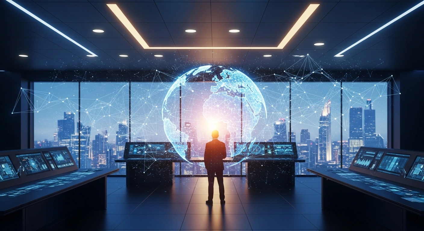 A silhouette of a leader observes a glowing holographic globe representing global artificial intelligence governance and international technological cooperation.
