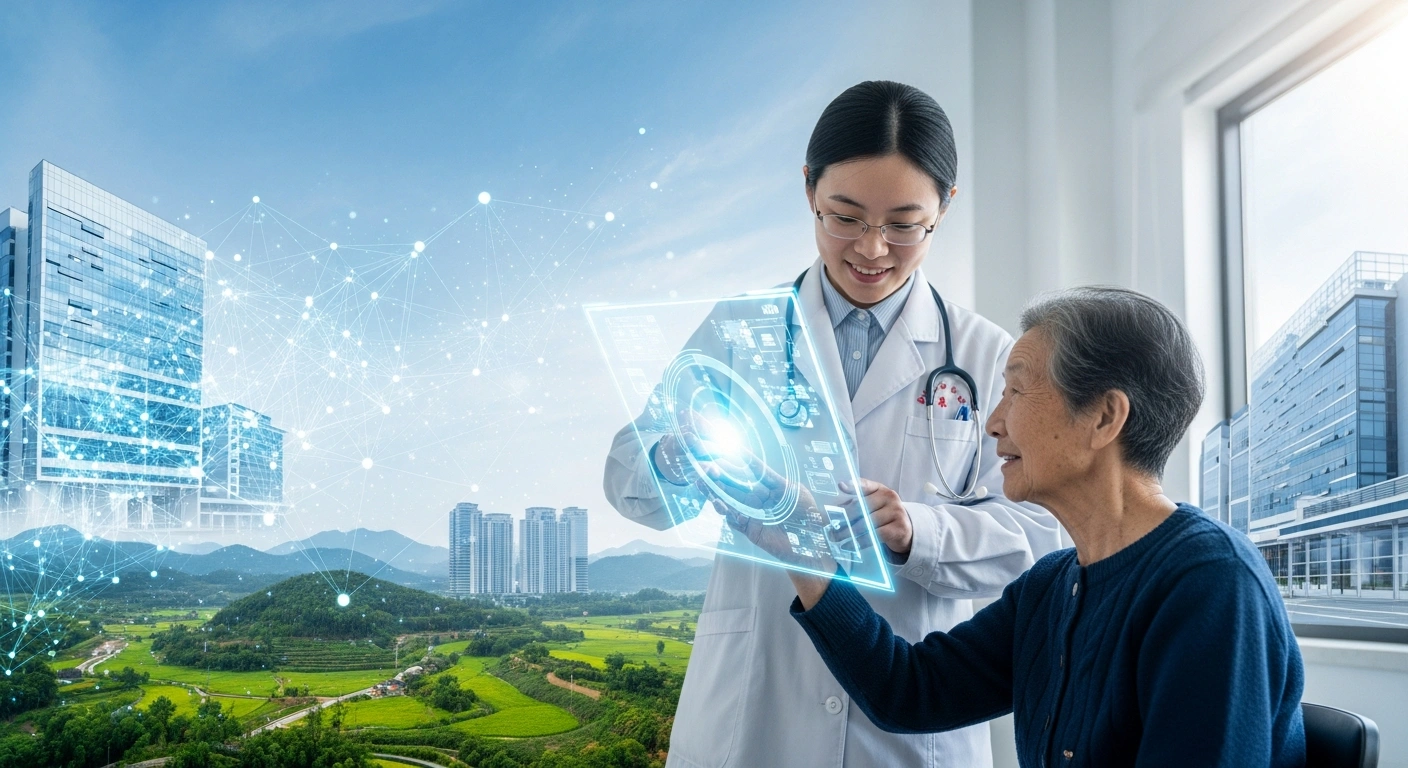 A Chinese doctor and an elderly patient interact with a holographic diagnostic display in a modern, AI-integrated healthcare facility, with a background visually representing data streams connecting urban and rural areas, symbolizing China's five-year plan to enhance diagnostics, patient services, and bridge healthcare disparities using artificial intelligence.