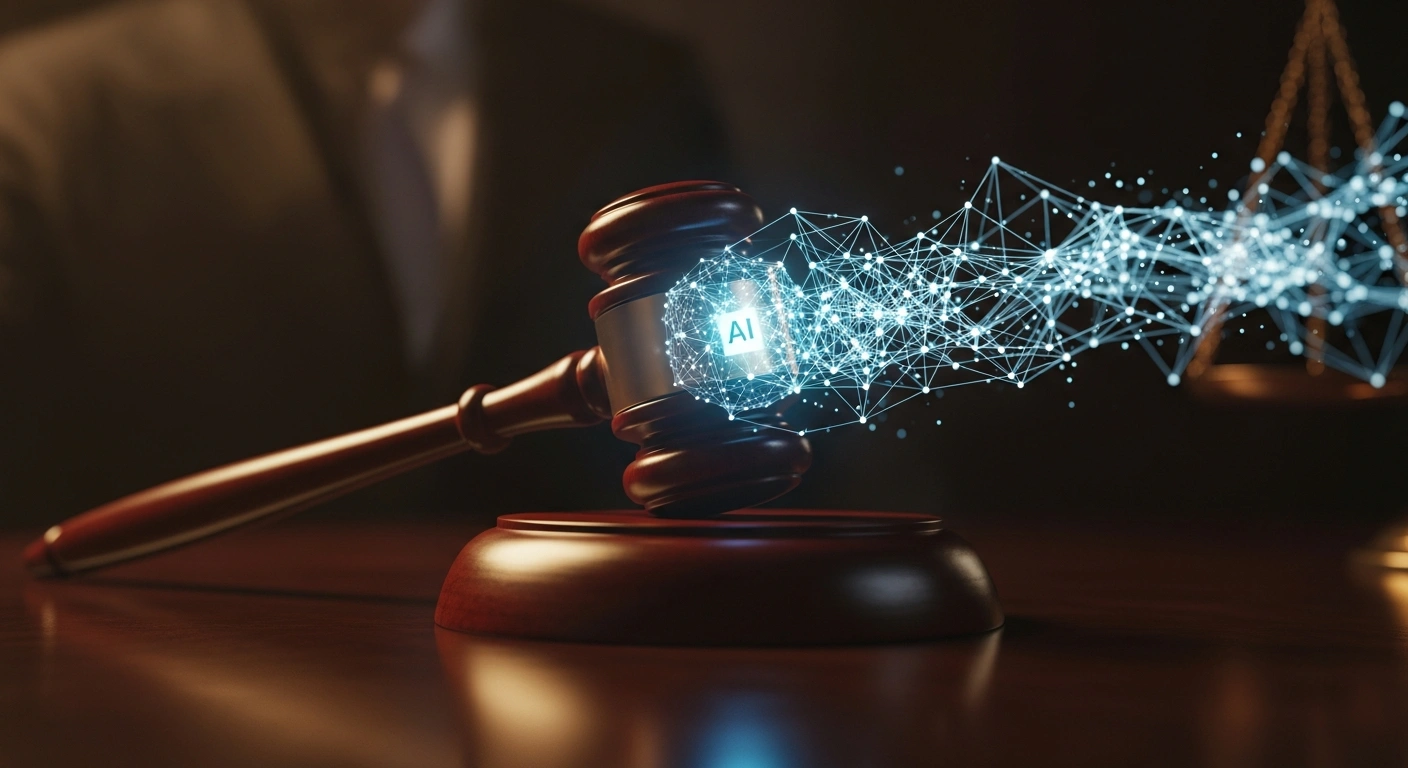A judicial gavel rests next to a glowing digital AI network, representing China's cautious regulatory approach to artificial intelligence.