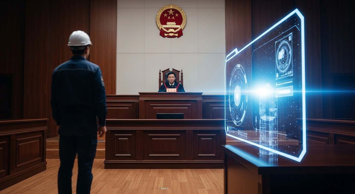 A judge presides over a legal hearing in a Chinese courtroom regarding a labor dispute caused by worker displacement from artificial intelligence automation.
