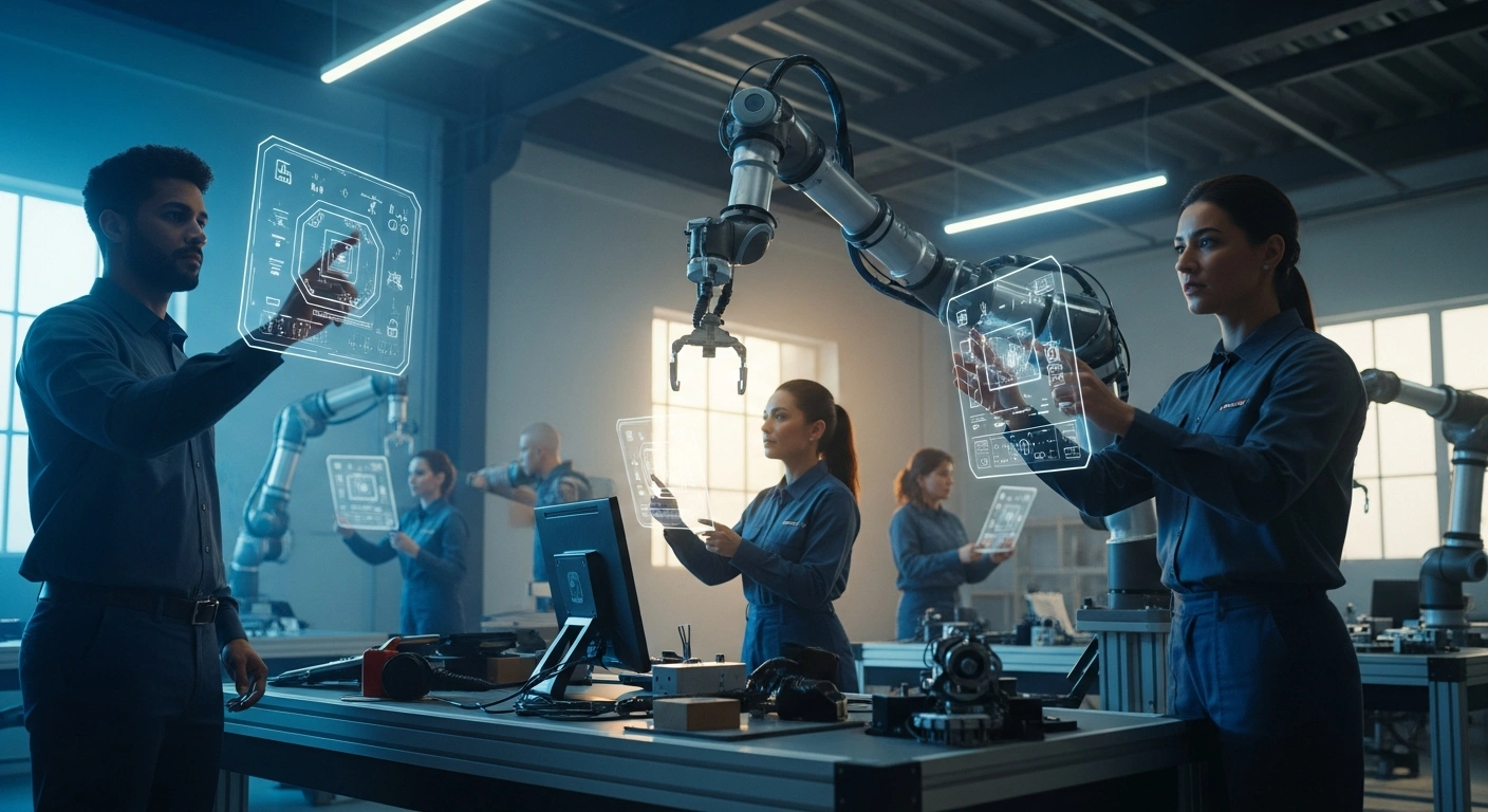 A diverse group of workers in a modern industrial setting uses advanced artificial intelligence tools and robotics to enhance their professional roles as part of a national labor market initiative.