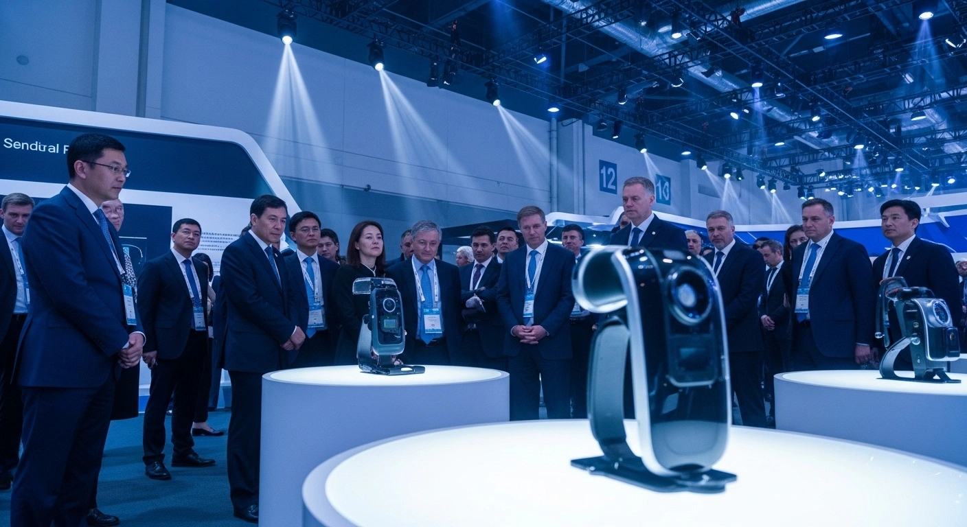 In a modern exhibition hall, international officials from developing nations observe a central display featuring an advanced AI-enhanced facial recognition bodycam, representing China's showcase of public security technology for international cooperation.