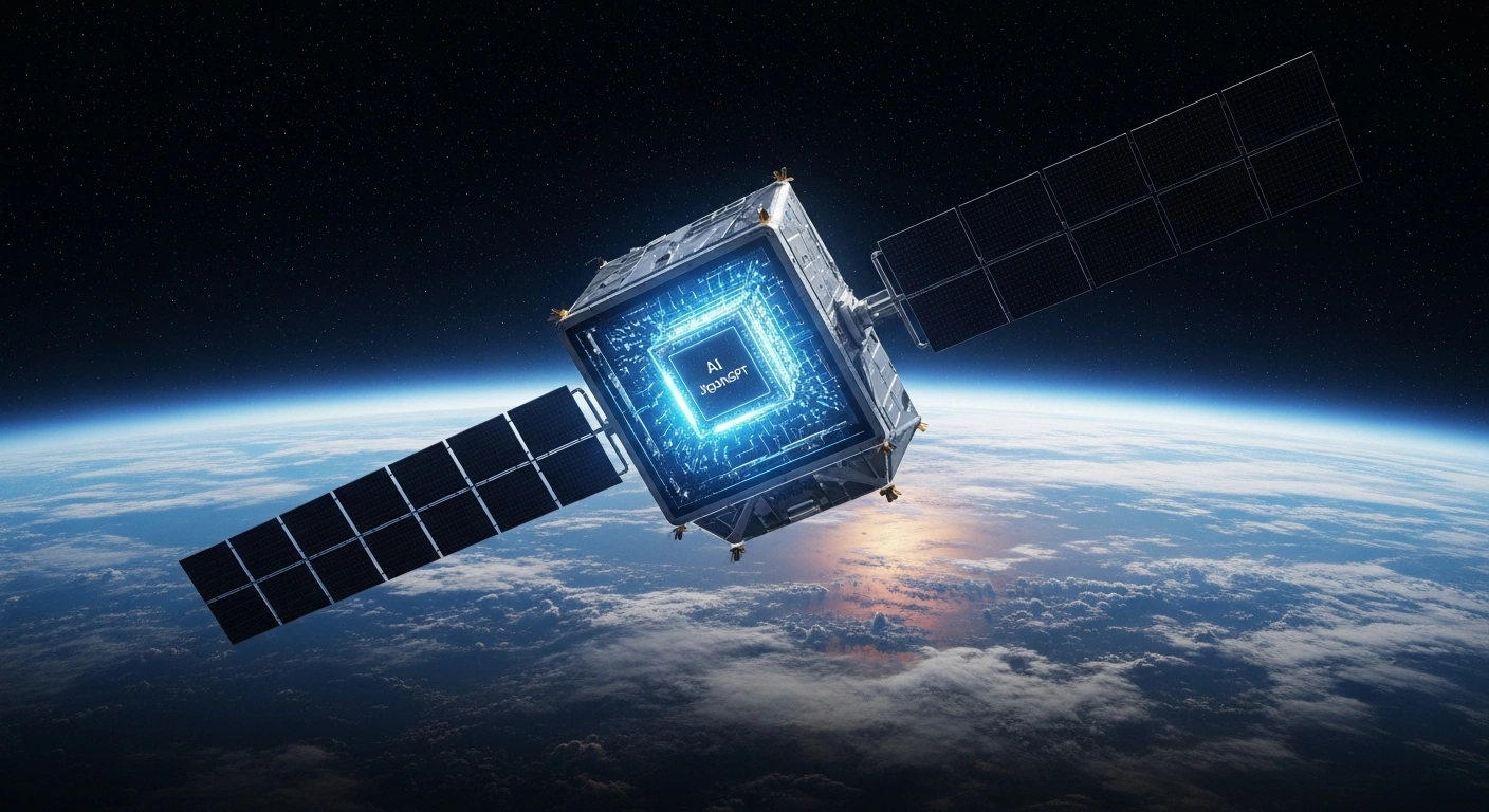 A futuristic, sleek satellite, representing China's Dongfang Huiyan Gaofen 01 with its JigonGPT AI model, orbits a vibrant Earth, symbolizing China's global lead in AI-enabled satellite technology and its groundwork for future space-based supercomputing centers.