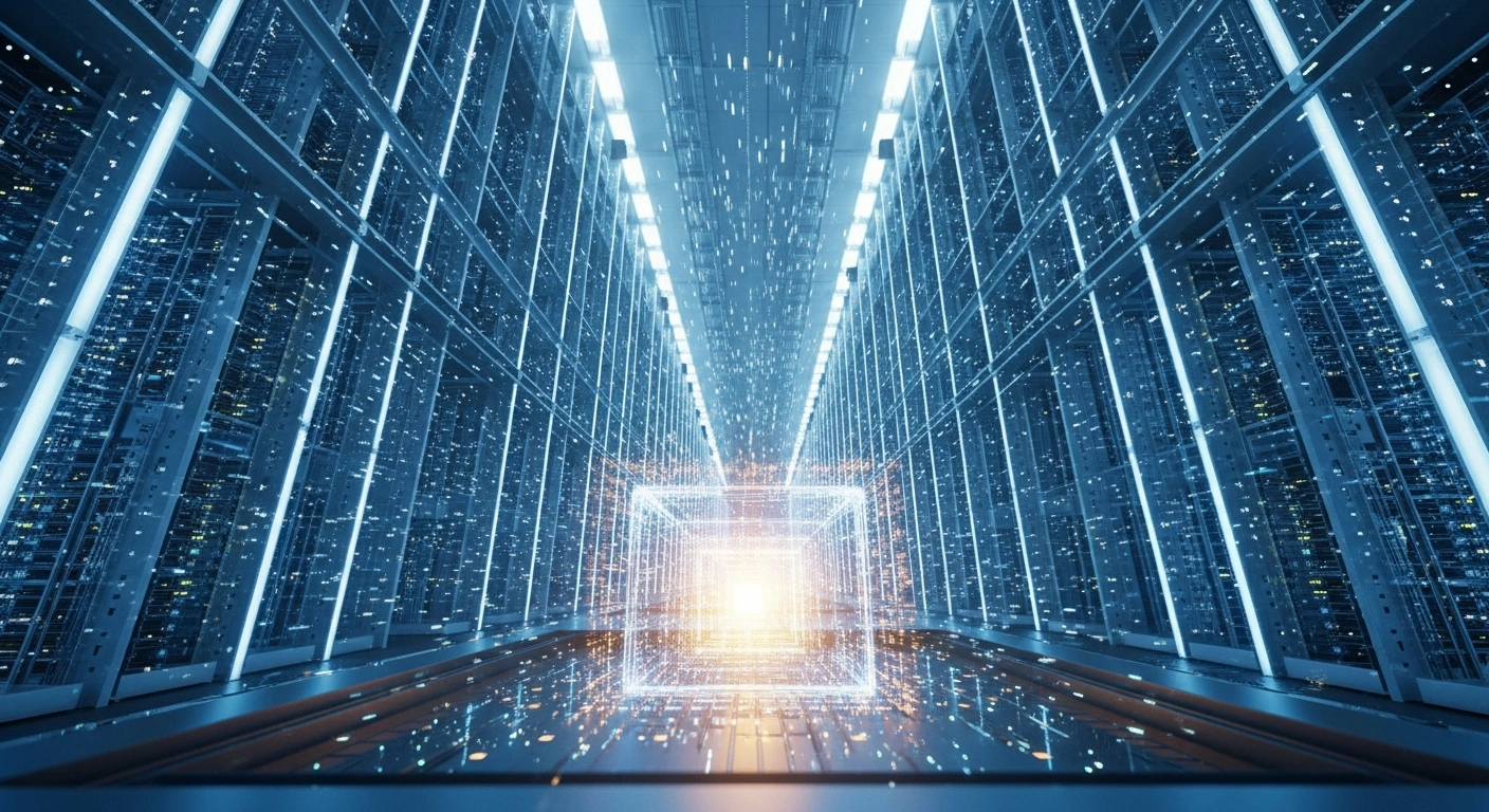 A vast, futuristic supercomputing facility in China features towering server racks glowing with blue-white light, centered around a pulsing golden crystalline core representing an advanced autonomous AI system for scientific research.