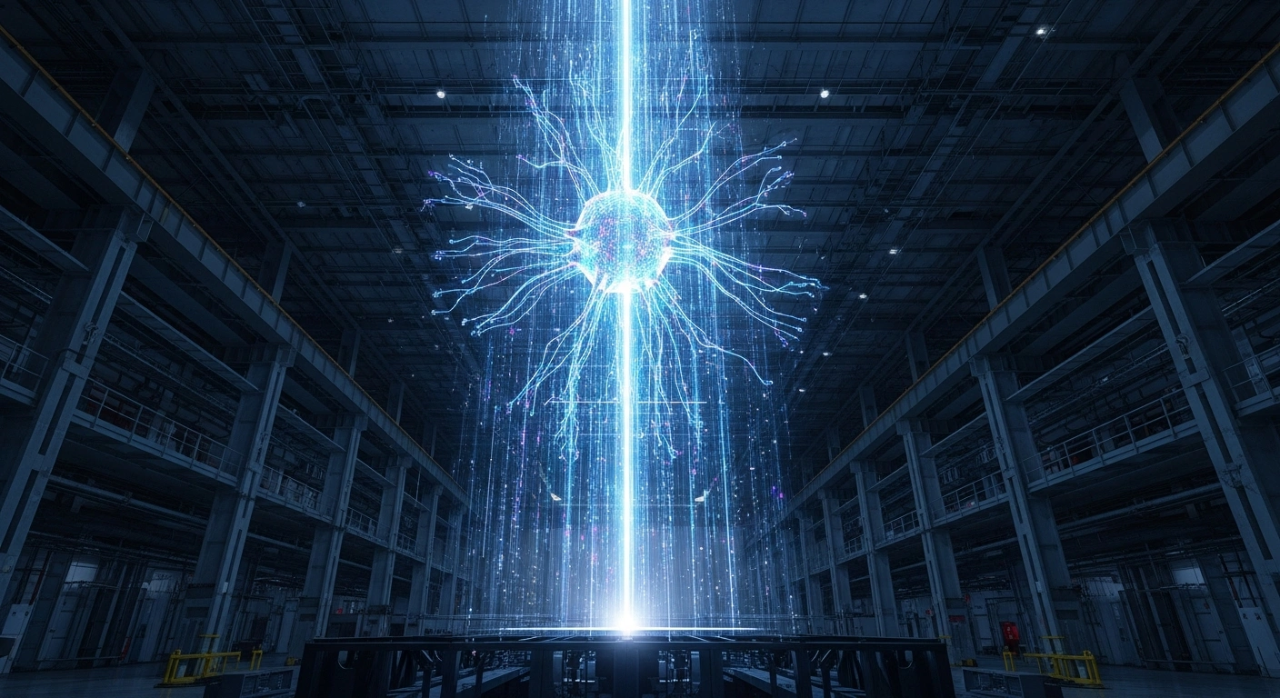 A towering, intricate holographic projection of a neural network, pulsating with vibrant light, is shown within a vast, dimly lit industrial facility, symbolizing China's rapid advancement in artificial intelligence and its strategic focus despite chipmaking limitations.