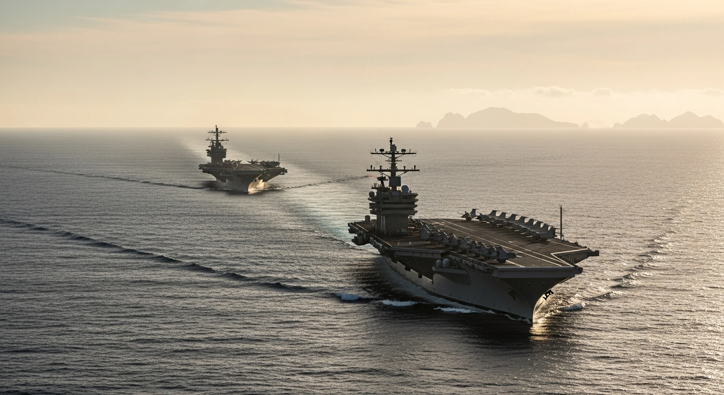 Two large Chinese aircraft carriers, Liaoning and Shandong, are depicted steaming in formation across the vast Pacific Ocean near remote Japanese islands at dusk, symbolizing China's expanded naval capabilities and regional concerns.